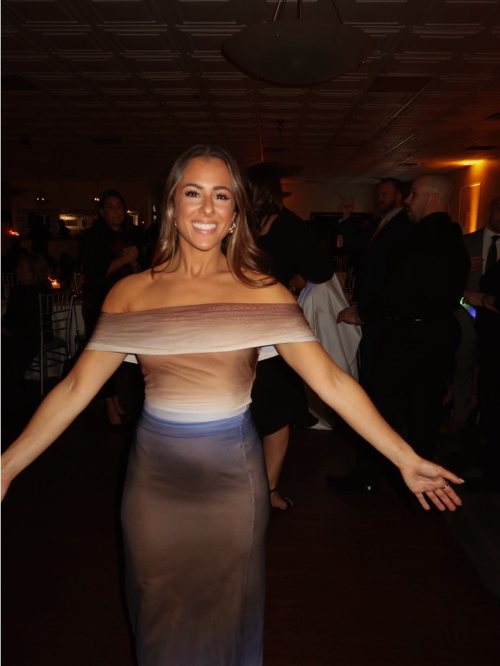 Off-Shoulder Ombre Evening Dress in Brown and Blue